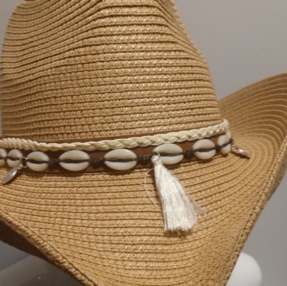 Unisex Western Straw Sun Hat Cowrie Cowry Shells 3.5" Wide Brim Khaki Tan Boho - Picture 5 of 14
